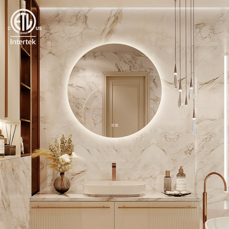 Round Frameless Lighted Bathroom Vanity Mirror Dimmable Anti Fog Wall Mounted Mirror 48 x 48
